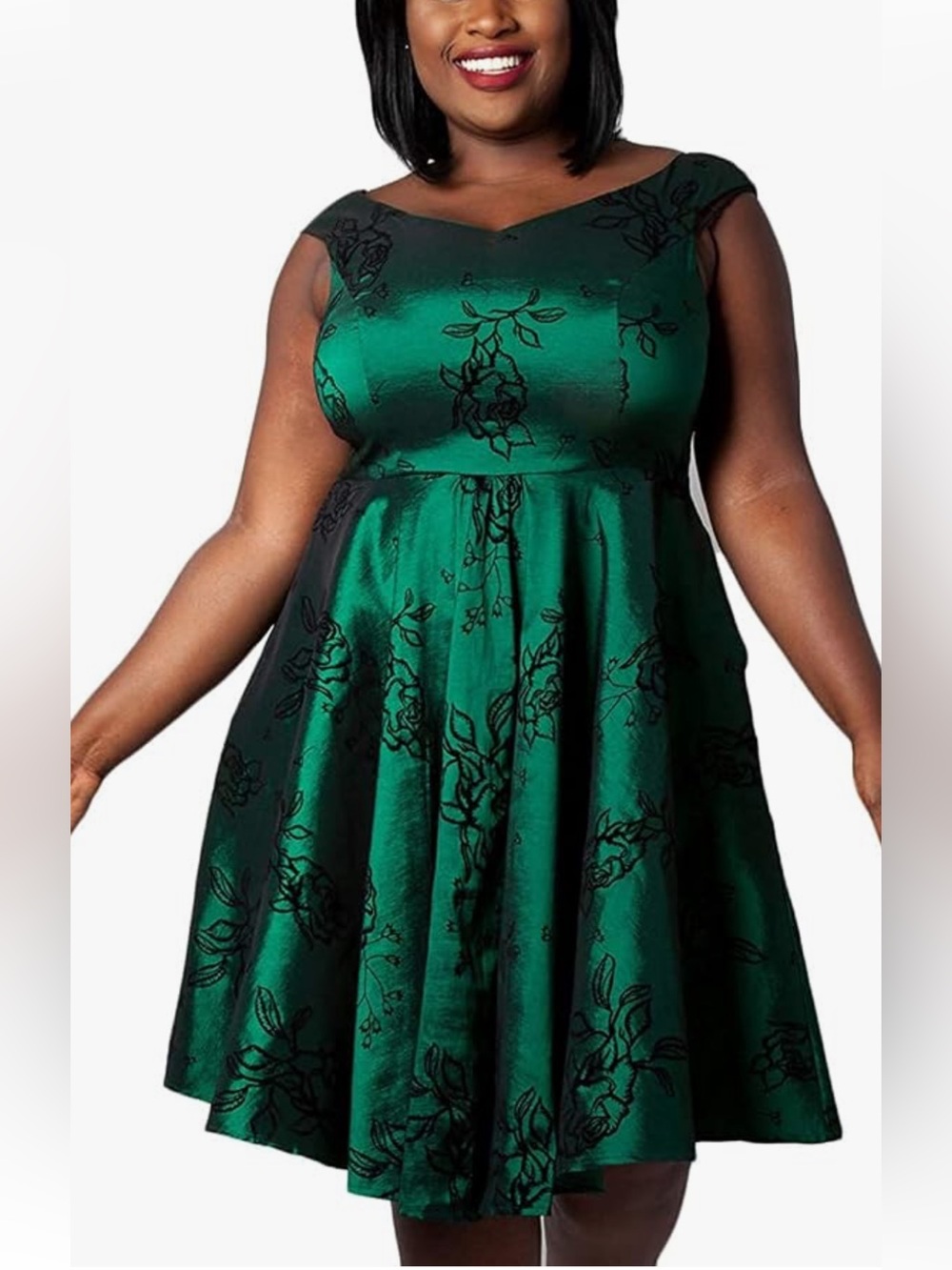 Voodoo Vixen Green Floral A-Line Dress Retro 60s Pocket Flare Metallic XL NWOT